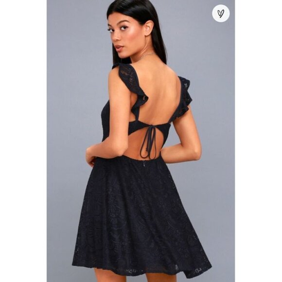 Lulus Absolutely Adorable Lace Backless Skater Dress Navy Size Medium - Picture 2 of 10